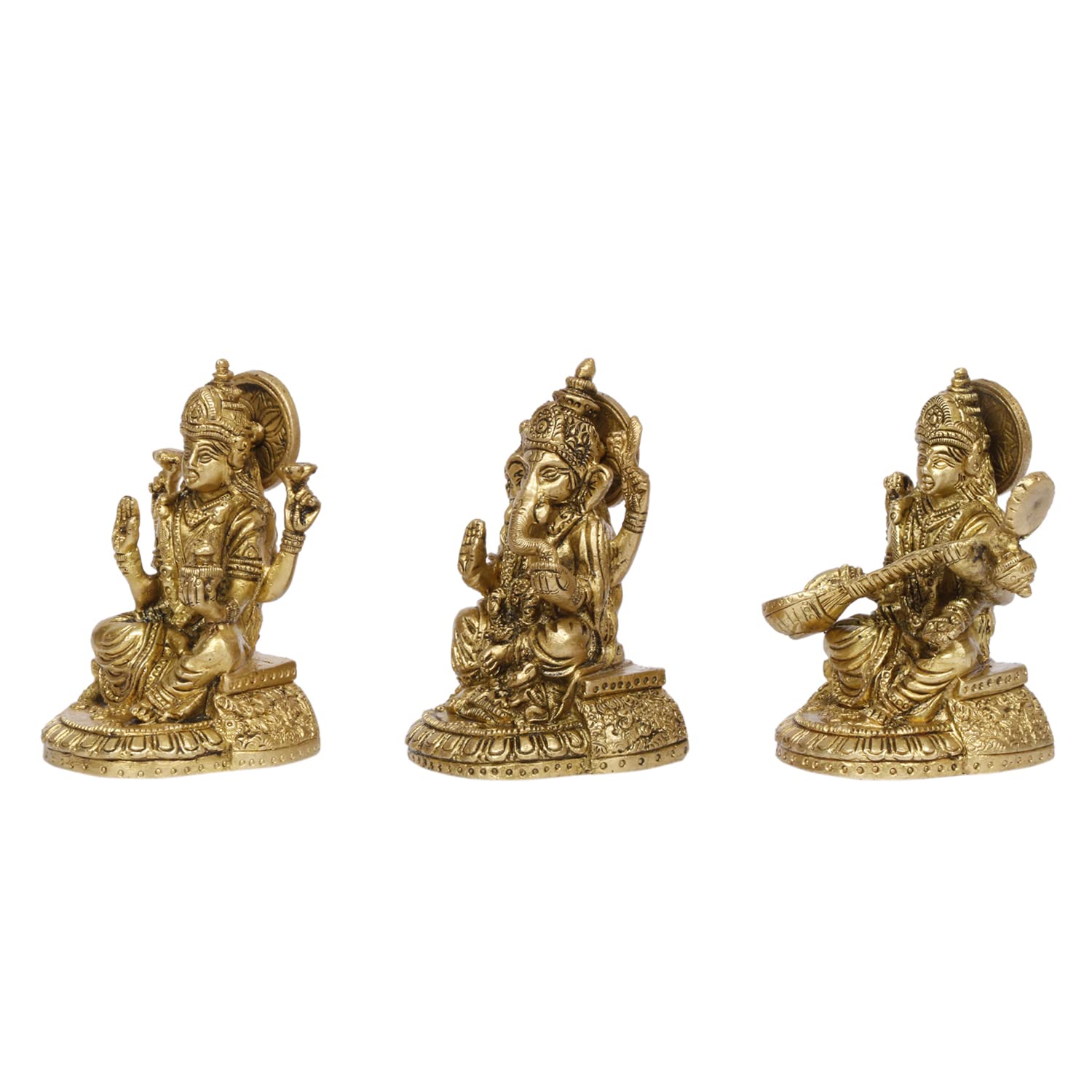 Kartique Brass Laxmi Saraswati Ganesh Metal Statue Of Bhagwan Idol Ganpati Murti For Home Office Success Entrance Decor Pooja Gi